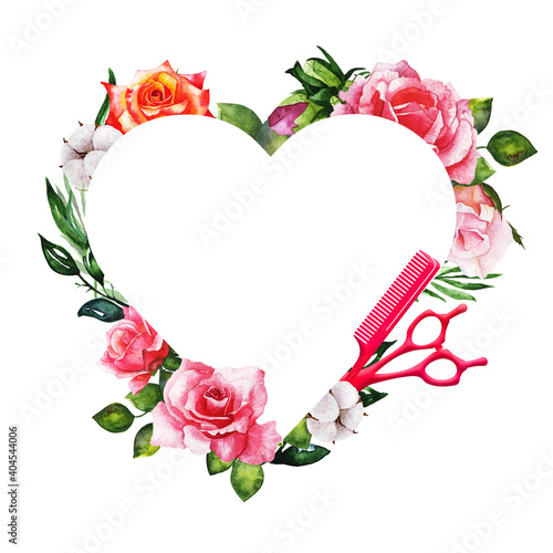Watercolor floral heart frame with rose greenery leaves with scissors and comb for hairdressers isolated on white