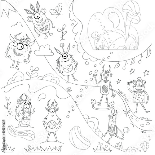 Coloring book with monsters. Cute monsters on the background of mountains, expensive and flowers. Vector illustration