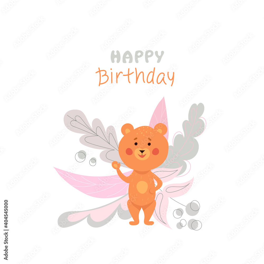 Cute bear on a background of plants and flowers. Child's illustration in vector. Cute bear on a background of plants and flowers. Child's illustration in vector.