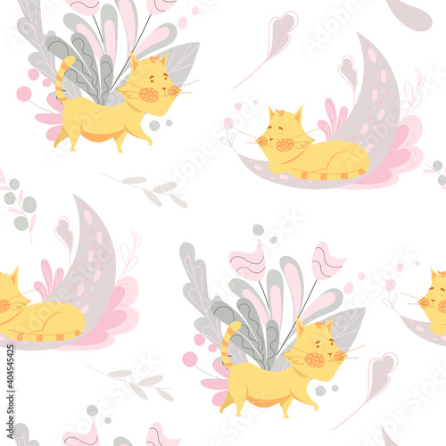 Pattern with a cat, moon and floral print. Children's seamless pattern in gentle colors.
