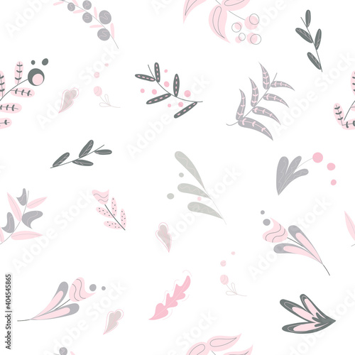 Pattern with flowers and plants in delicate colors. Seamless baby pattern