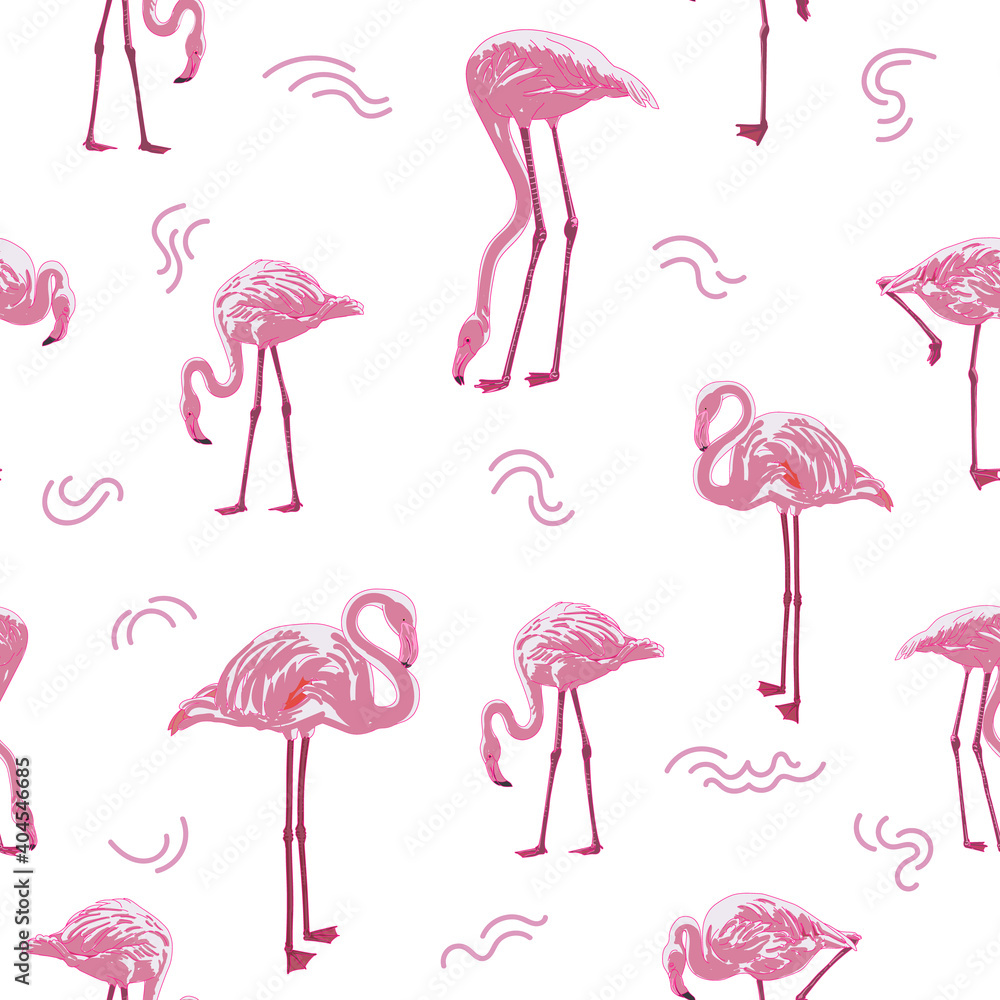 Fototapeta premium Seamless pattern of pink flamingo on white .