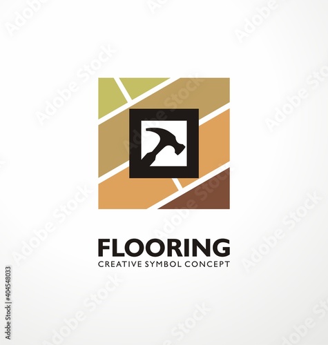 Flooring logo design concept with parquet tiles and claw hammer icon. Floor pattern creative symbol idea. Construction and maintenance  service squared vector emblem.