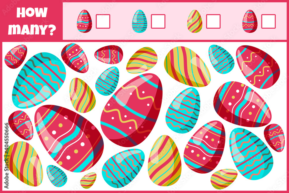 Educational mathematical game. Count the number of easter eggs. Count how many easter eggs. Counting game for children. Educational mathematical game. Count the number of easter eggs. Count how many easter eggs. Counting game for children.