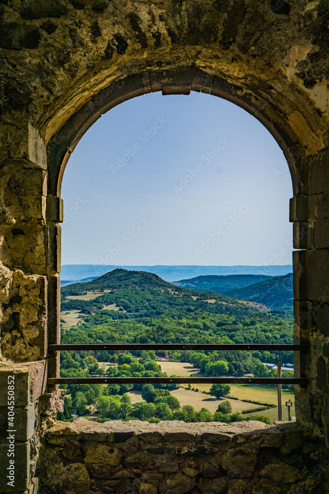 View on the countryside surrounding the Murol fortress from the gate (Auvergne, France)