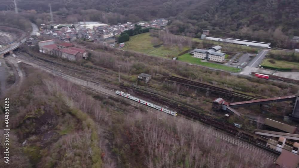 AERIAL: Belgium train ride in tonel of Big abondon steel factory AERIAL: Belgium train ride in tonel of Big abondon steel factory