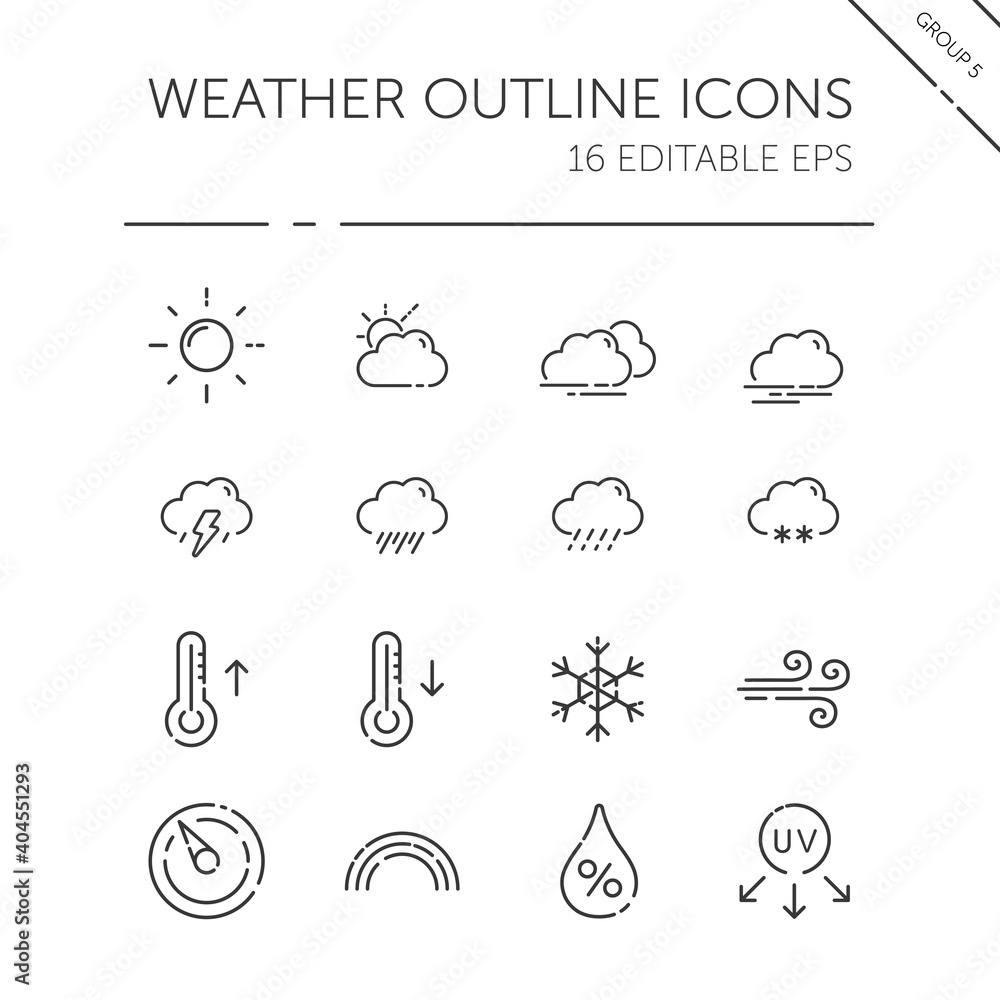 Weather and meteorology thin line icon set. Sun, clouds, temperature ...