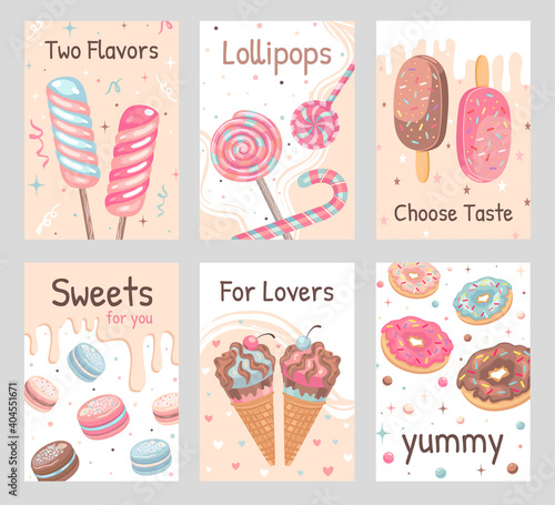 Desserts flyers set. Candies, donuts, ice cream horns, macaroons vector illustrations with text. Sweet food concept for confectionery posters and leaflets design