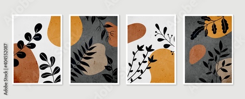 Botanical wall art vector set. Minimal and natural wall art. Boho foliage line art drawing with abstract shape. Abstract Plant Art design for print, wallpaper, cover. Modern vector illustration.