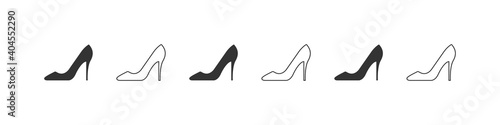 Shoes icons. Silhouette of elegant women's shoe. High heels icon isolated on white background. Vector illustration