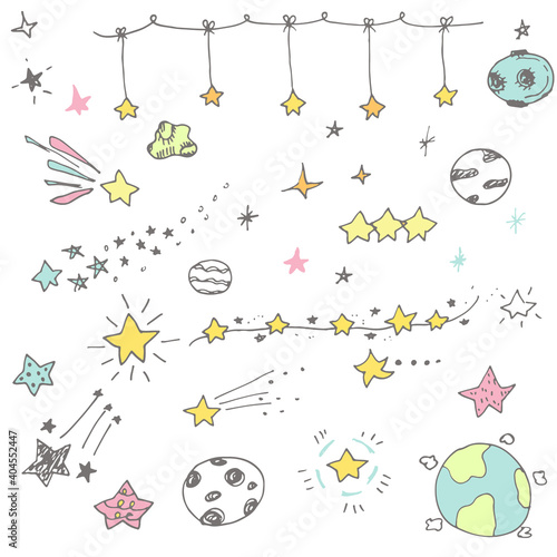 Vector hand drawn collection of stars and space galaxy elements and decorations. Vector big sketch set.