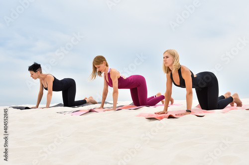 Three beautiful young women perform cat pose on the beach