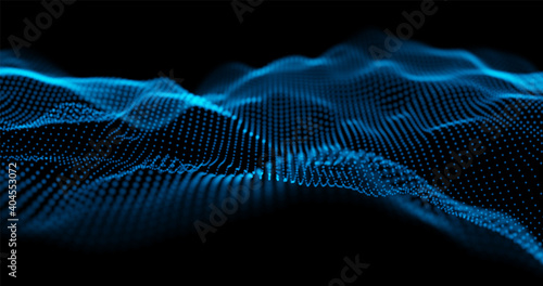 Abstract technology background. Digital blue particle wave. Sound structure visualization. Flow dot landscape.