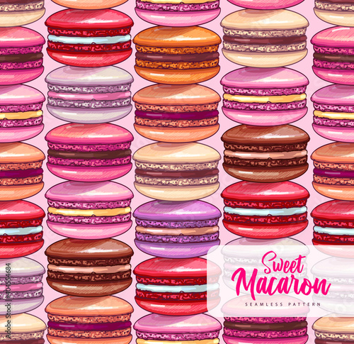 Seamless pattern of colorful sweet macarons cakes. French macaroons. Junk food background