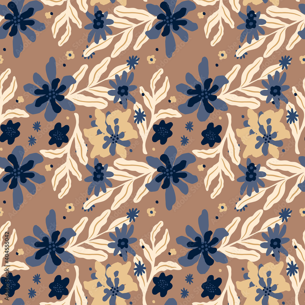 Seamless pattern in pastel tones with navy blue flower shapes on beige background. Botanic backdrop. Seamless pattern in pastel tones with navy blue flower shapes on beige background. Botanic backdrop.