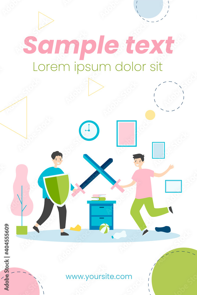 Happy boys having fun and fighting on plastic swords. Shield, knight, room flat vector illustration. Game and childhood concept for banner, website design or landing web page Happy boys having fun and fighting on plastic swords. Shield, knight, room flat vector illustration. Game and childhood concept for banner, website design or landing web page