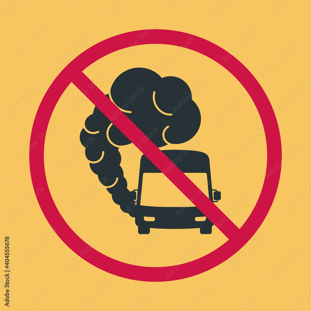 Sign prohibiting hazardous exhaust fumes. Bus icon with exhaust gases