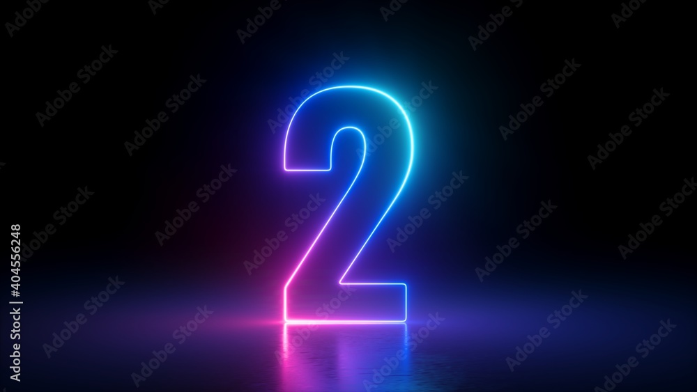 3d render, number two glowing in the dark, pink blue neon light - obrazy, fototapety, plakaty 