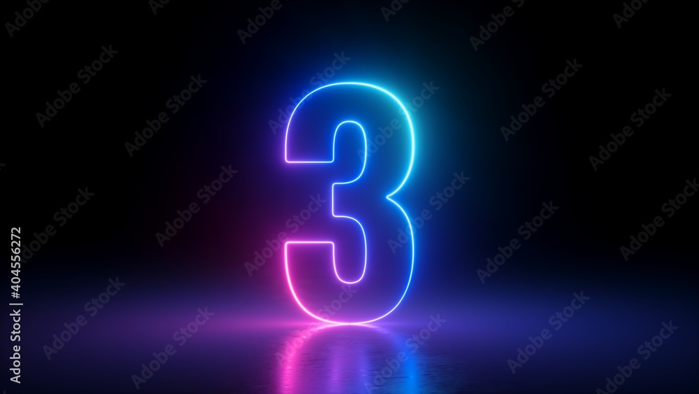 3d render, number three glowing in the dark, pink blue neon light - obrazy, fototapety, plakaty 