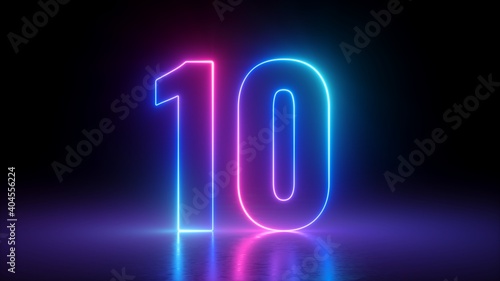 3d render, number ten glowing in the dark, pink blue neon light photo
