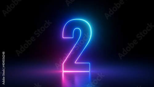 3d render, number two glowing in the dark, pink blue neon light photo