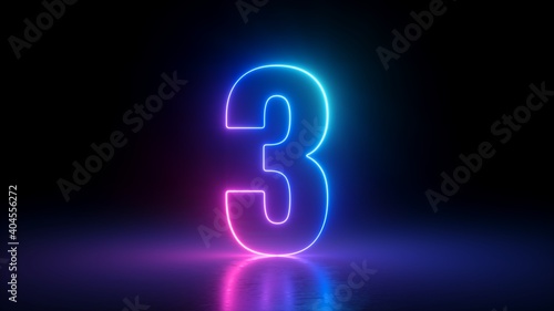 Obraz na płótnie 3d render, number three glowing in the dark, pink blue neon light
