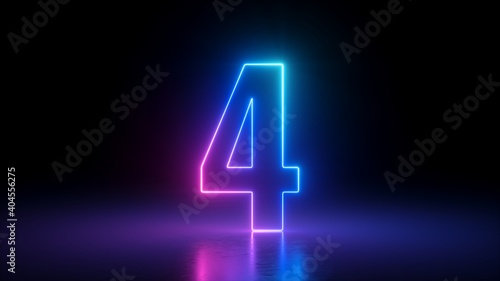 3d render, number four glowing in the dark, pink blue neon light