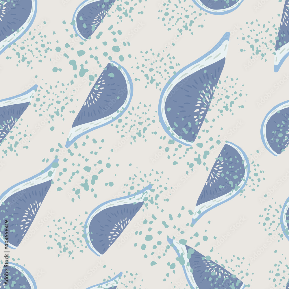 Random seamless pattern with hand drawn fig slice silhouettes. Blue fruits on background with splashes. Random seamless pattern with hand drawn fig slice silhouettes. Blue fruits on background with splashes.