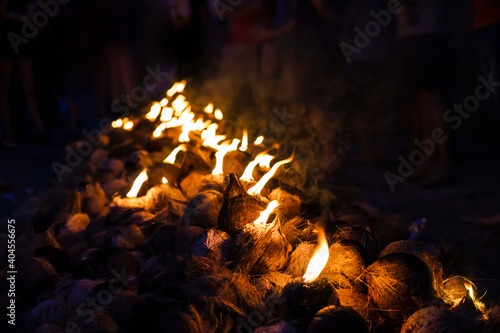 The coconuts are set on fire to worship at the ceremony of the ThaiPusam Festival. Coconut prepared for smash during Thaipusam festivities. photo