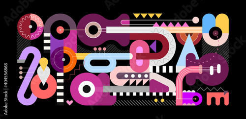 Geometric style graphic illustration, colored flat design of musical instruments isolated on a black background. Abstract art composition of electric guitar, acoustic guitars, trumpet and saxophone.
