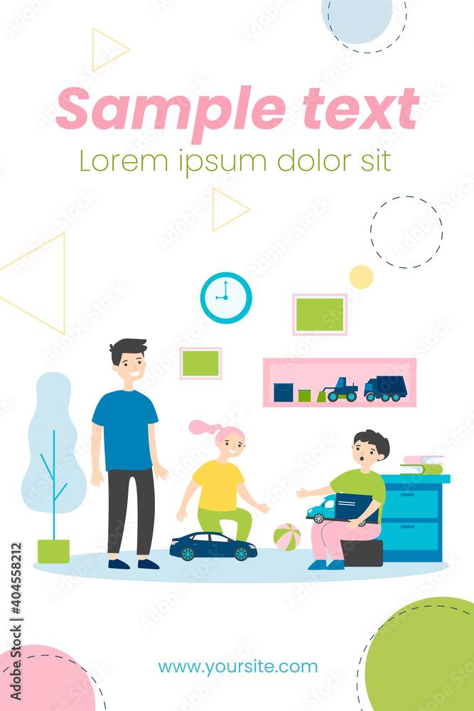 Happy children playing in room together. Toy, car, fun flat vector illustration. Game and childhood concept for banner, website design or landing web page Happy children playing in room together. Toy, car, fun flat vector illustration. Game and childhood concept for banner, website design or landing web page