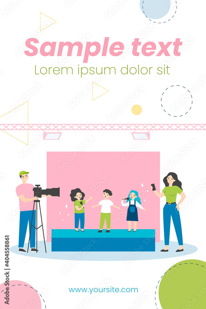 Children standing on stage and signing song on camera. Mobile phone, video, scene flat vector illustration. Entertainment and performance concept for banner, website design or landing web page