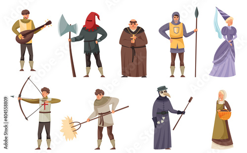 Medieval People Characters with Minstrel Holding Lute, Headsman and Monk Vector Illustration Set photo