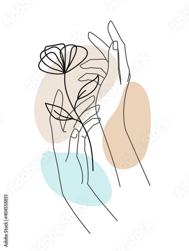 Female hands with flower and abstract background. For beauty salon spa products flower shop