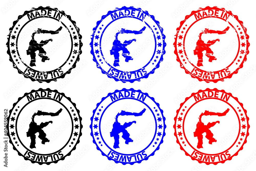 Made in Sulawesi - rubber stamp - vector, Sulawesi map pattern - black, blue and red Made in Sulawesi - rubber stamp - vector, Sulawesi map pattern - black, blue and red