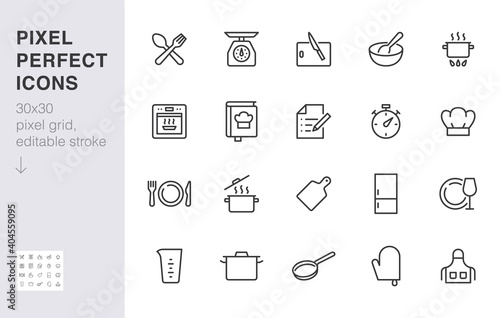 Cooking line icon set. Kitchen tools - pan, pot, dinner utensil, cookbook, chef hat minimal vector illustration. Simple outline sign of food recipe instruction. 30x30 Pixel Perfect, Editable Stroke
