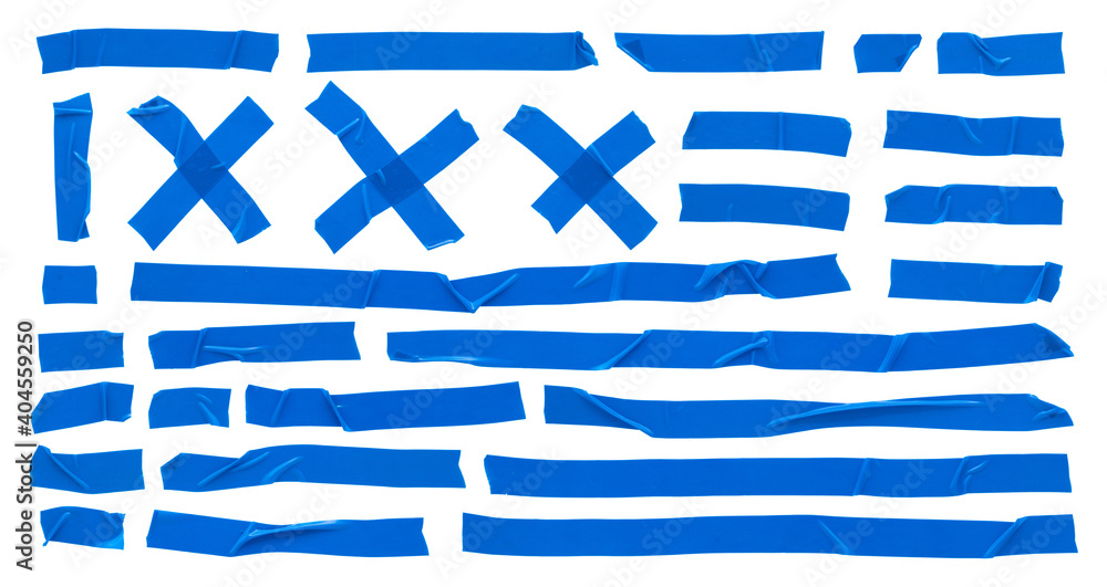 Φωτογραφία Blue duct tape, set of torn pieces of crumpled tape, on an isolated white backgr