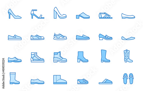 Shoe line icon set. High heels sandal, cowboy boots, hiking footwear, sneakers, slipper minimal vector illustrations. Simple outline signs for fashion application. Blue color, Editable Stroke