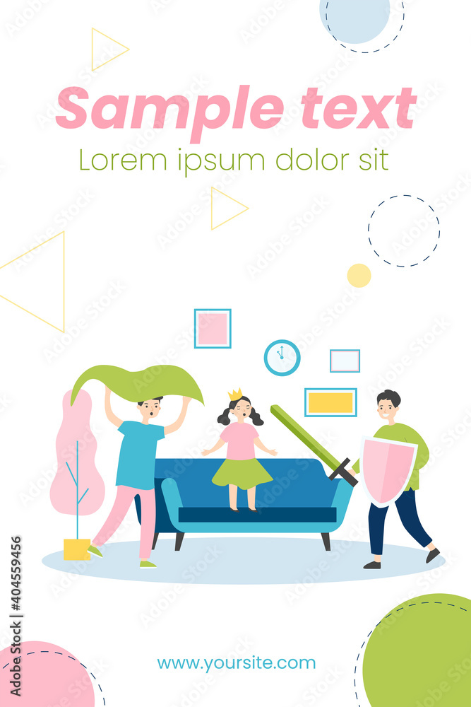 Active kids playing princess and knight. Children using crown, sword and shield for role play flat vector illustration. Childhood, fun, game concept for banner, website design or landing web page