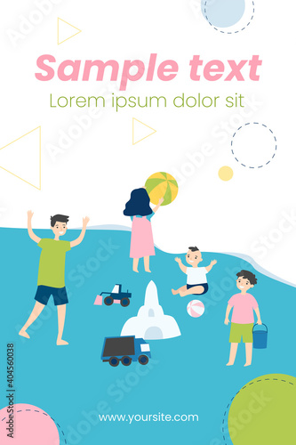 Happy children playing on sea beach. Ball, sand castle, boy flat vector illustration. Summer vacation and childhood concept for banner, website design or landing web page