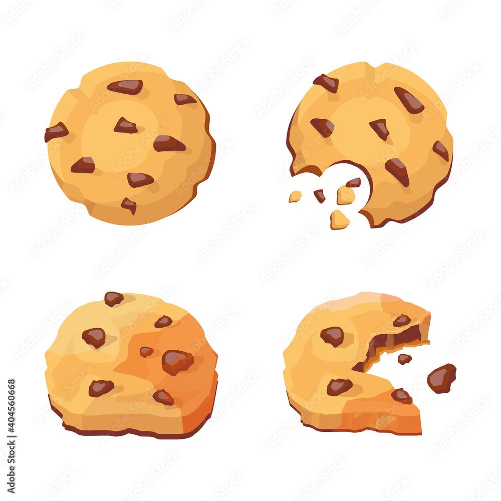 Set of cookie icons. Bitten traditional cookies with chocolate crisps isolated on white background for social media and web design. Vector illustration Set of cookie icons. Bitten traditional cookies with chocolate crisps isolated on white background for social media and web design. Vector illustration