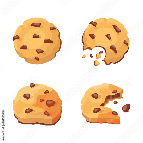 Set of cookie icons. Bitten traditional cookies with chocolate crisps isolated on white background for social media and web design. Vector illustration
