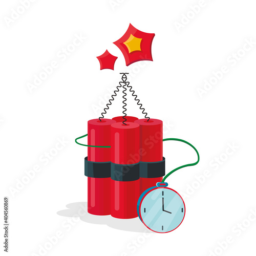 Dynamite icon. TNT red sticks with burning fuse and explosion timer isolated on white background. Vector illustration