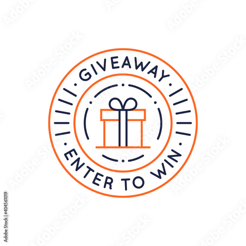 Giveaway stamp, badge, label, icon. Enter to win circle icon with gift box for social media, web design. Vector illustration. 