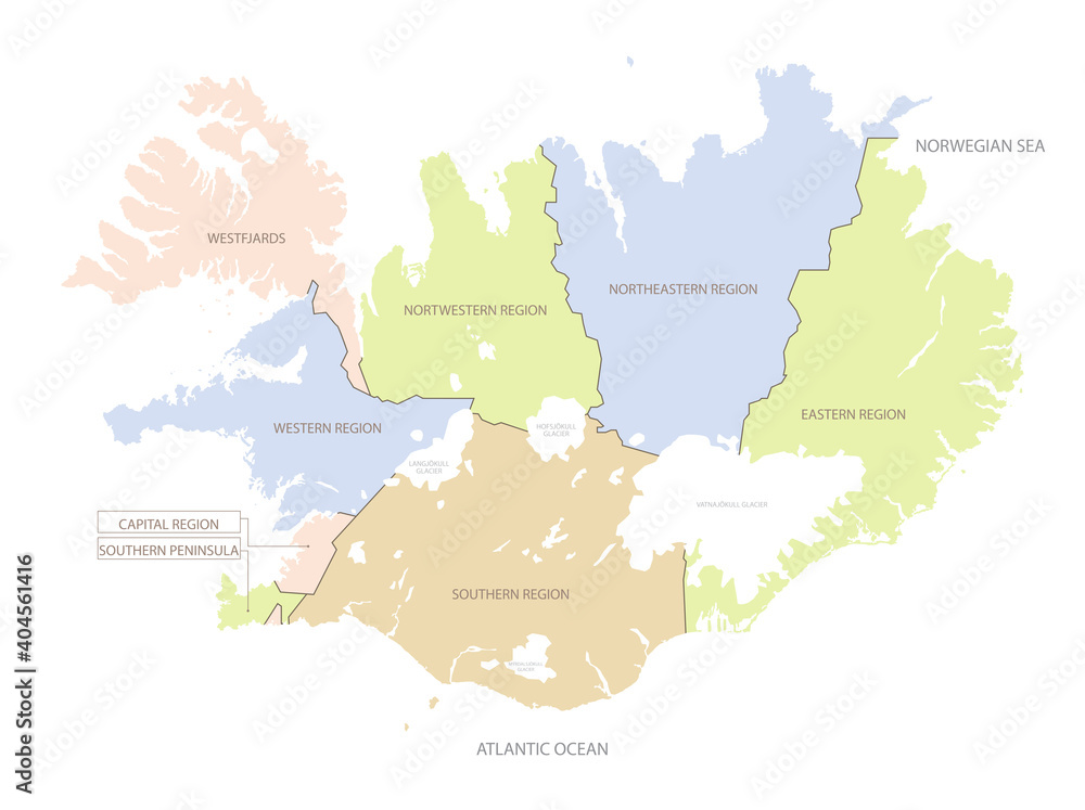 Obraz premium Location map of Iceland in Europe with administrative divisions of the country, detailed vector illustration