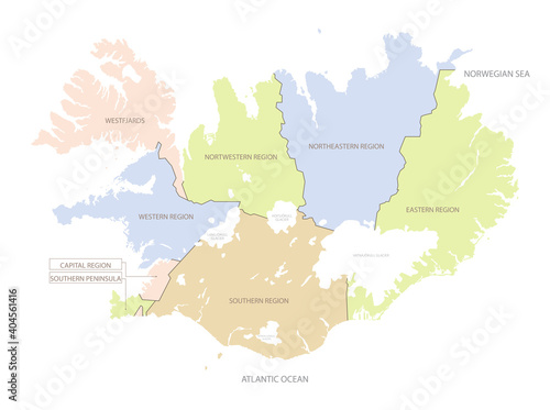 Location map of Iceland in Europe with administrative divisions of the country, detailed vector illustration