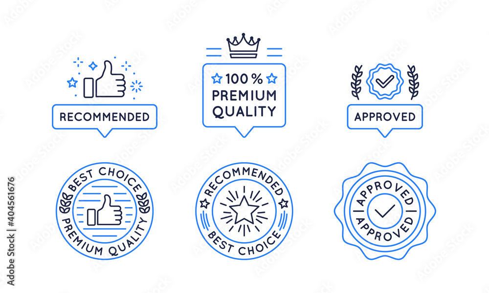 Guarantee, Quality labels and stickers. Approved, Verify, Recommended logos and banners for sale, online shopping, product promotion. Vector illustration