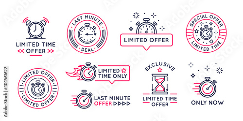 Limited Offer logos, stickers, buttons design. Last minute offer stickers template for social media. Trendy modern design with stopwatch or clock icon. Labels for sale, shopping. Vector illustration 