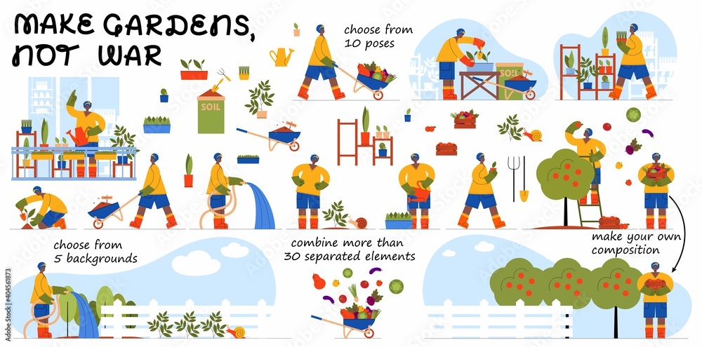 Farming and gardening vector illustration set: colorful characters with a lot of separated elements and different backgrounds