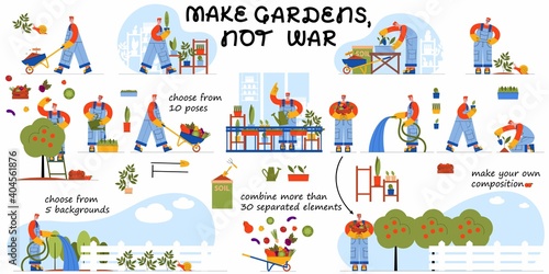 Clipart bundle: male gardener or farmer with a lot of isolated elements and various backgrounds